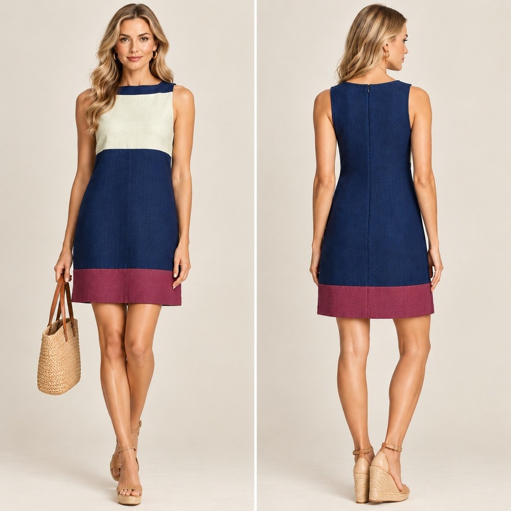Vintage St. John 14 Colorblock Wool Blend Knit Sheath Dress Navy Ivory Burgundy